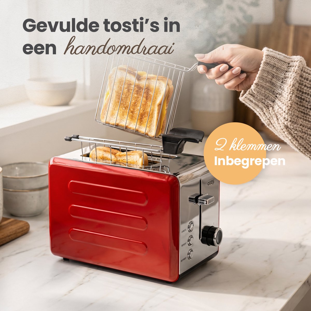 cozy.® Metalen Broodrooster met Tostiklemmen - Tosti Apparaat 850W - Retro Tosti Ijzer & Toaster - Brede Sleuven & 6 Standen - Ontdooi & Verwarm functie - Inclusief E-book - Broodrooster Rood thumbnail 4