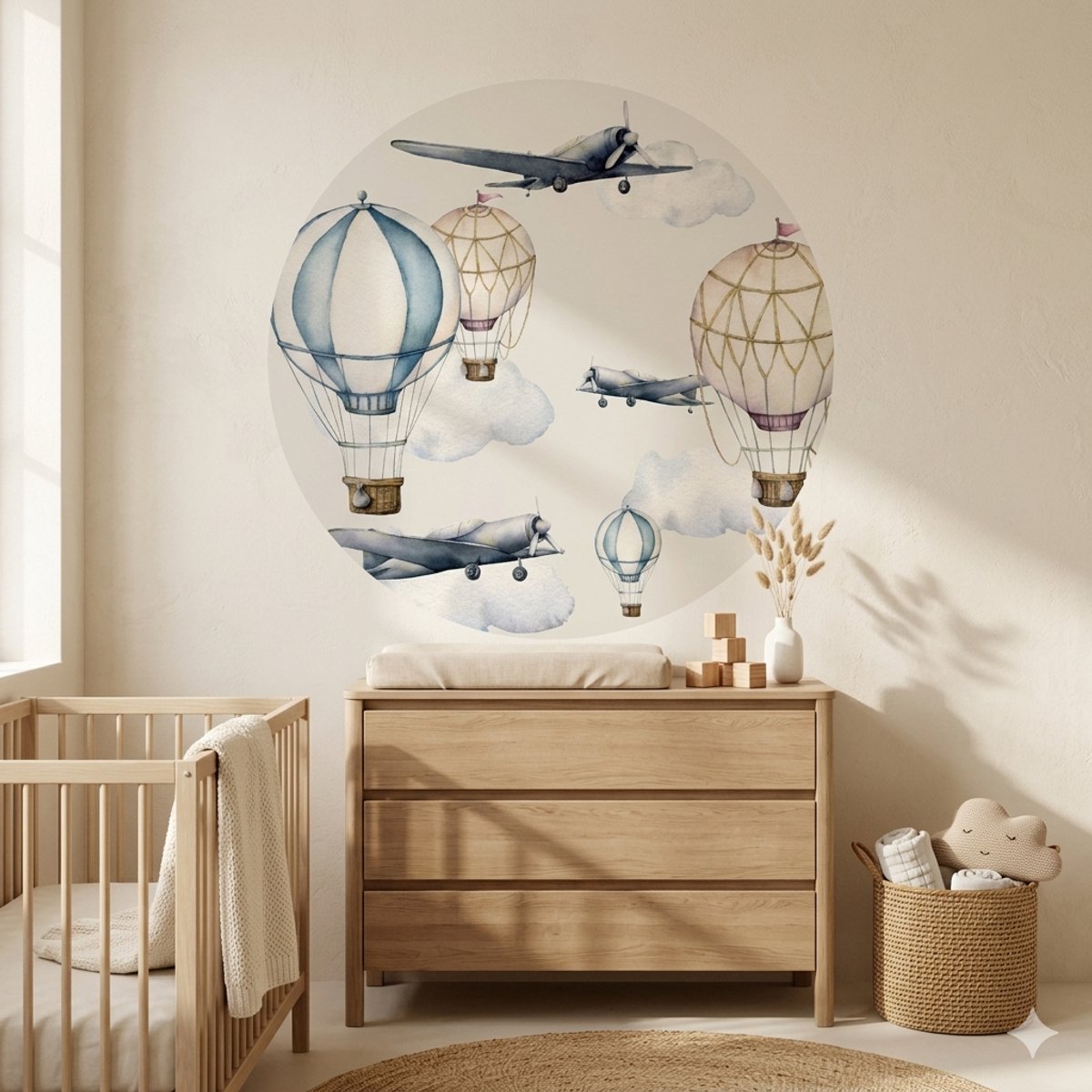 Muurcirkel Vliegtuigen - Luchtballon - muurstickers babykamer - kinderkamer - natuurlijk - behangcirkel - 100cm sticker - boysroom