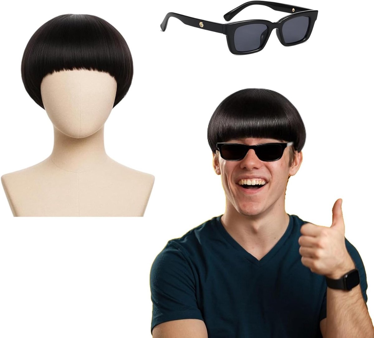 Korte Rechte Peruk met Pony voor Mannen, Zwarte Peruk voor Cosplay, Feest en Halloween, Perfect voor 60s en 70s Stijl