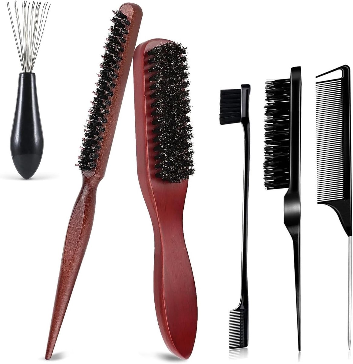 Set van Luxe Varkensharen Borstels - Slanke Buns Borstel, Teasing Borstel, Boor Borstel en Baard Borstel voor Mannen - Zachte Natuurlijke Haren voor Haar- en Baardstyling
