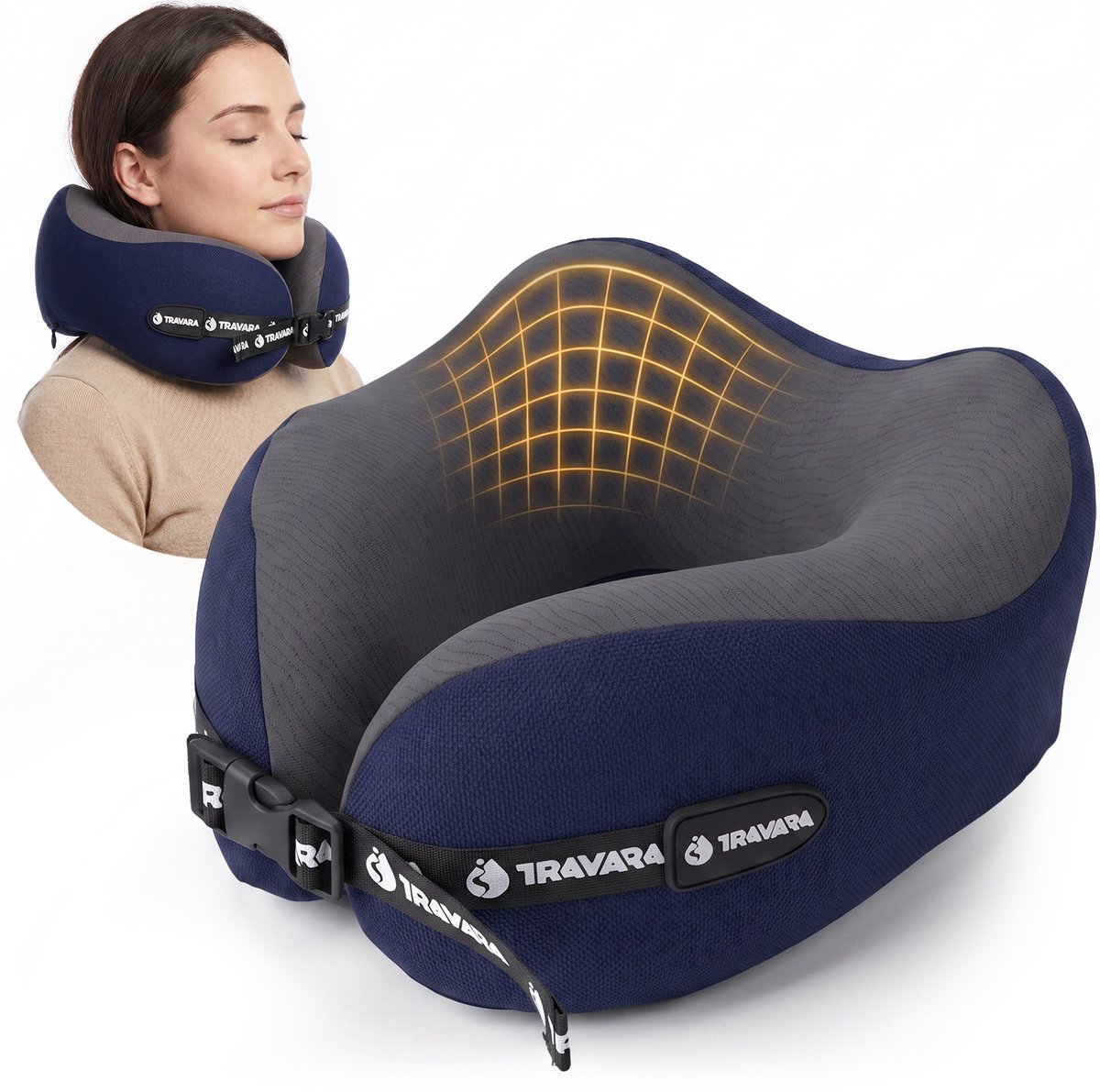 TRAVARA Nekkussen The Daydreamer - Reiskussen met Duo Density Traagschuim - Voor Vliegtuig - Auto Kussen - Memory Foam - Navy Blue