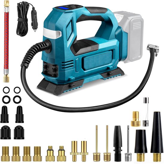 Blauwe draadloze compressor met diverse accessoires, waaronder opzetstukken, een slang en een sigarettenaanstekerplug.