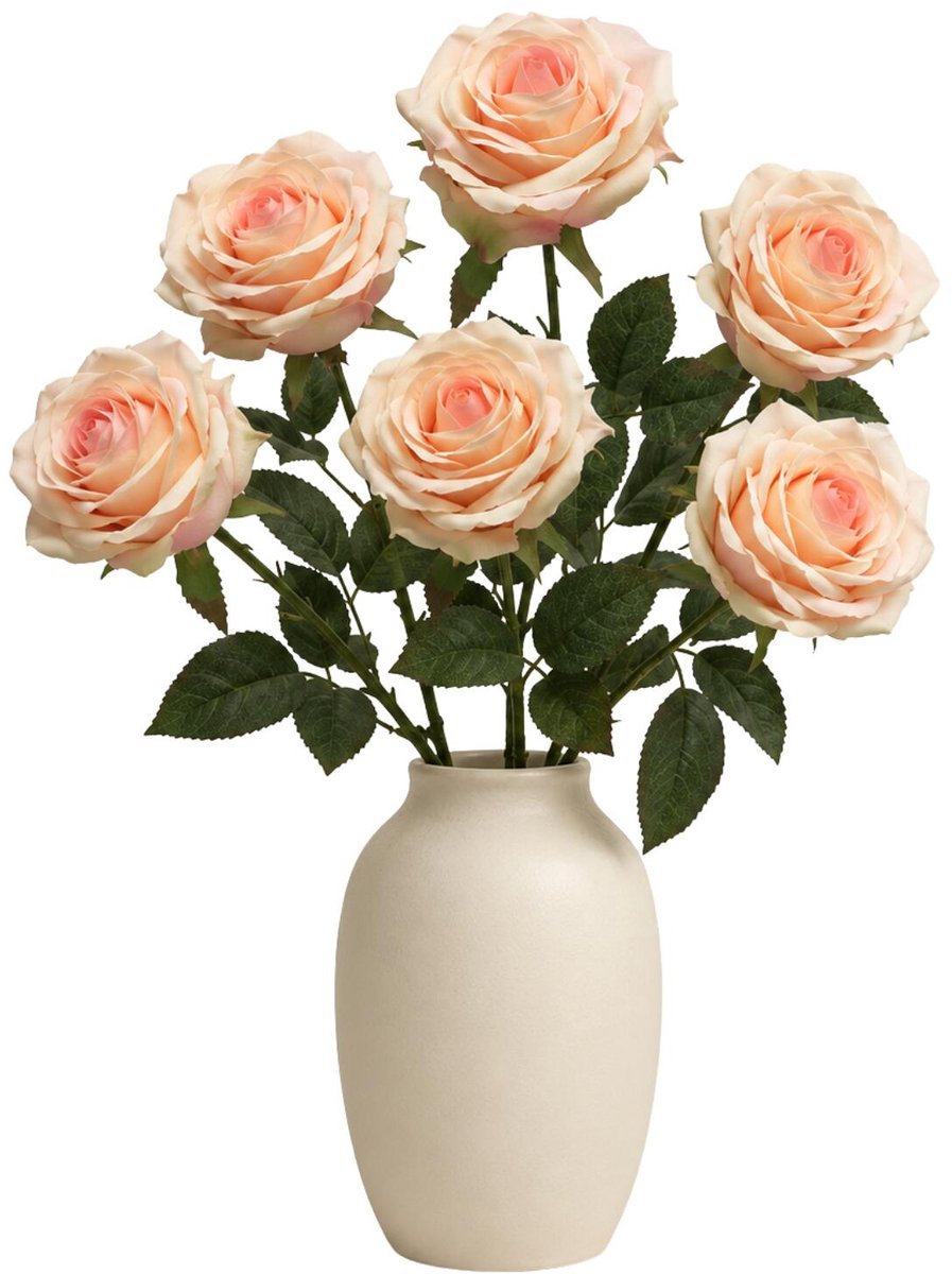 Bellatio Design Kunstbloem Roos Dijon - 6x - 64 cm - lichtroze - zijde kunstbloemen - Boeket - stelen - rozen