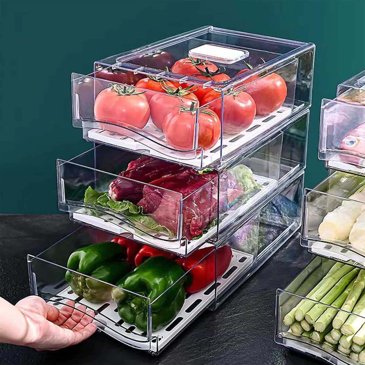 Ruimtebesparende Opbergdozen voor Groenten en Fruit, Set van 2 Rechthoekige Tray met Filterplaat, Ideaal voor Keuken en Koelkast, BPA-vrij, Houdt Voedsel Vers en Smaakvol