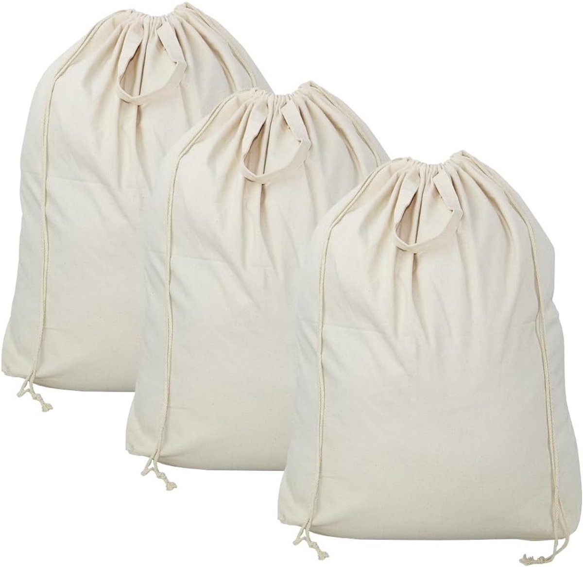Set van 3 katoenen waszakken met trekkoord, ideale wasmand voor studenten, appartementen en hotels, perfect voor het organiseren van wasgoed en het bewaren van schone en droge kleding.
