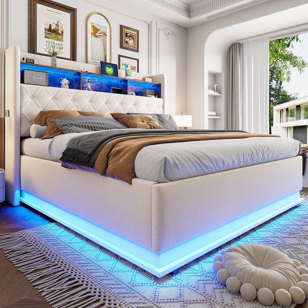 Zubaliya LED Polsterbed 180x200 - Tweepersoonsbed Met Opbergruimte - USB Oplaadfunctie - Hydraulisch Bedframe - Beige Linnen - Gestoffeerd Bed