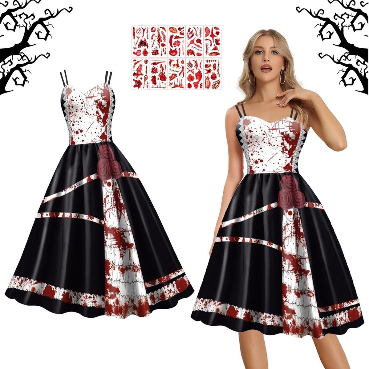 Griezelige Halloween jurk voor meisjes met bloederige print, gothic kostuum voor volwassenen, mouwloos en sexy ontwerp, perfect voor carnaval en verkleedpartijen