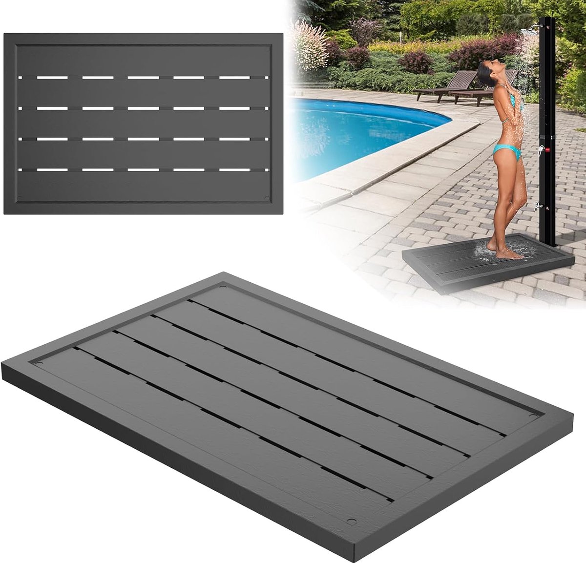 Kunststof Vloerelement voor Zonnedouche 100x56x4cm, Antislip Tuindouche Vloerpanelen met Montagemateriaal, UV-bestendig Buitenvloer voor Buitendouche Sauna Zwembadladder (Antraciet) NAIZY