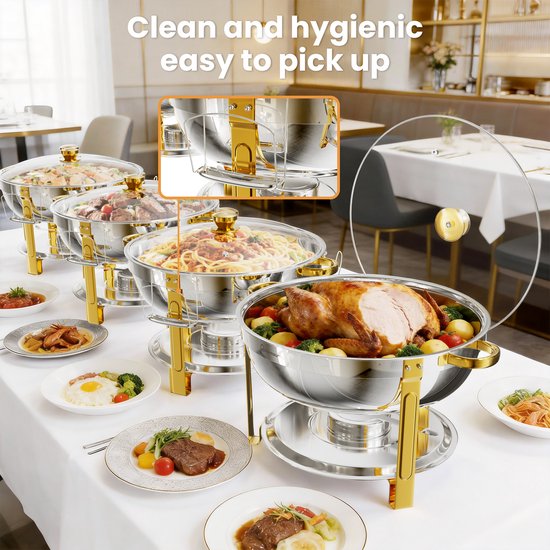 WARMOUNTS Chafing Dish Set 2-delig Goud 7,6L Roestvrijstalen Buffet Warmhouders Rond met Glazen Deksel voor Feest, Bruiloft en Catering — afbeelding 4