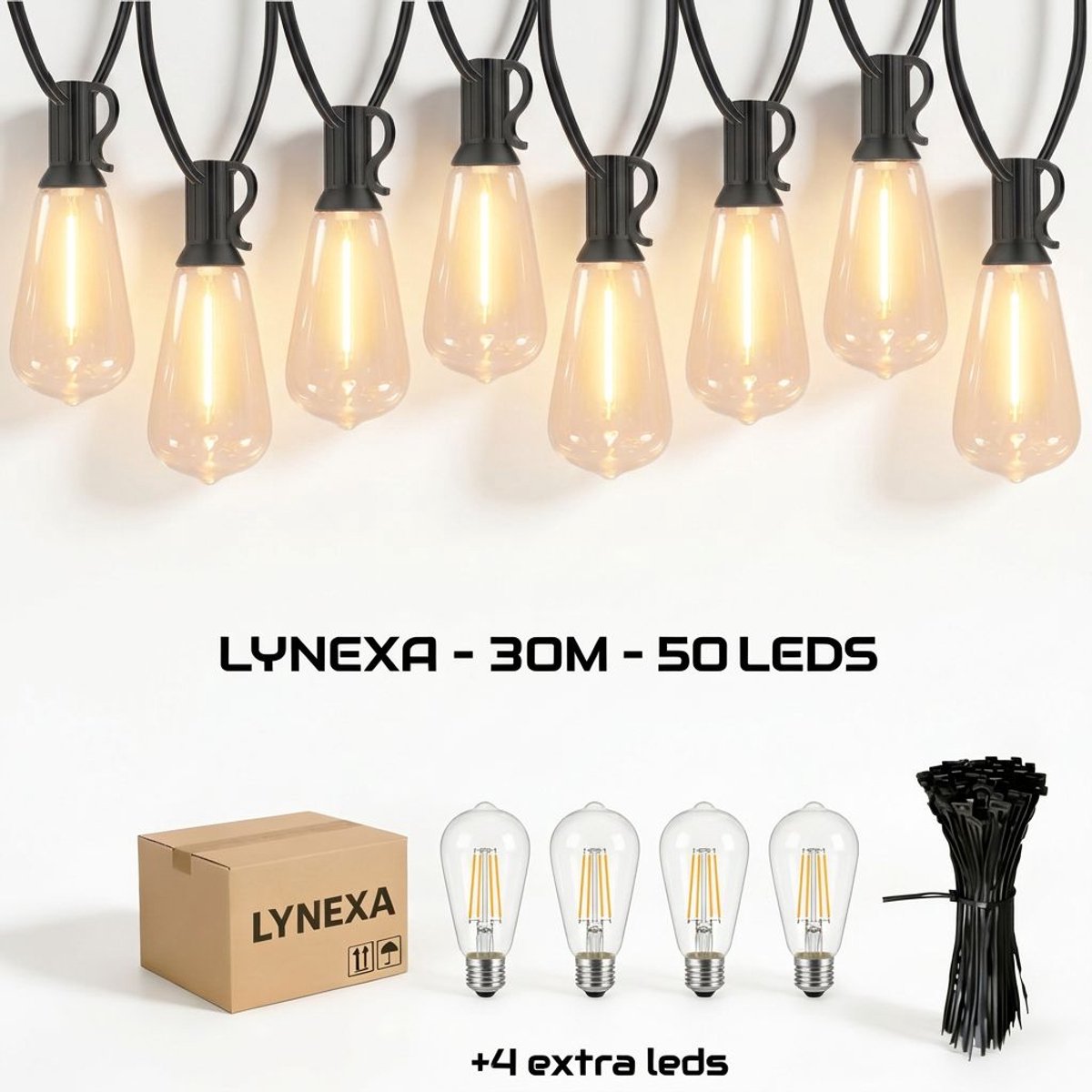 Lynexa ST38 Lichtsnoer Buiten - 30m - 50 LED Warm Wit 2700K - Koppelbaar Lichtslinger - IP44 Waterdicht - EU Stekker - Energiezuinig - Sfeervolle Prikkabel Tuinverlichting - Kerstverlichting Buiten - 4 Extra Lampjes