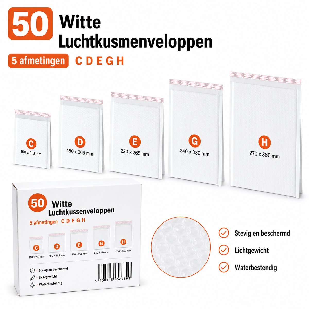 50 Witte Luchtkussenenveloppen 5 verschillende afmetingen C D E G H , verzendverpakking, verzendzakken Bubbeltjes envelop / Luchtkussen omslagen / beschermende enveloppen met luchtkussenfolie