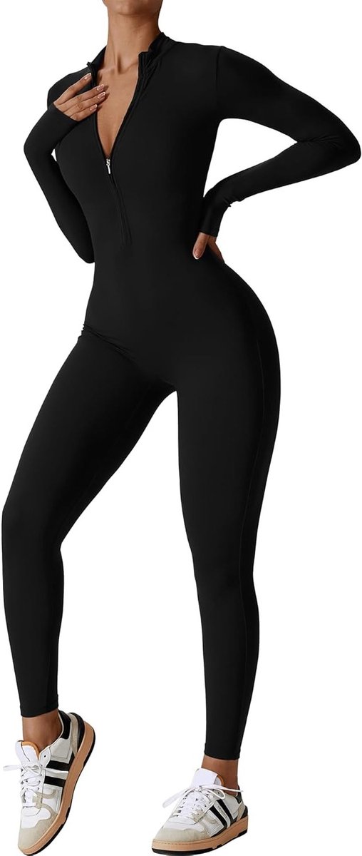 Dames Yoga Jumpsuit met Lange Mouwen en 1/2 Rits - Strakke Sportoverall voor Fitness, Gym en Jogging, Maat S-XL