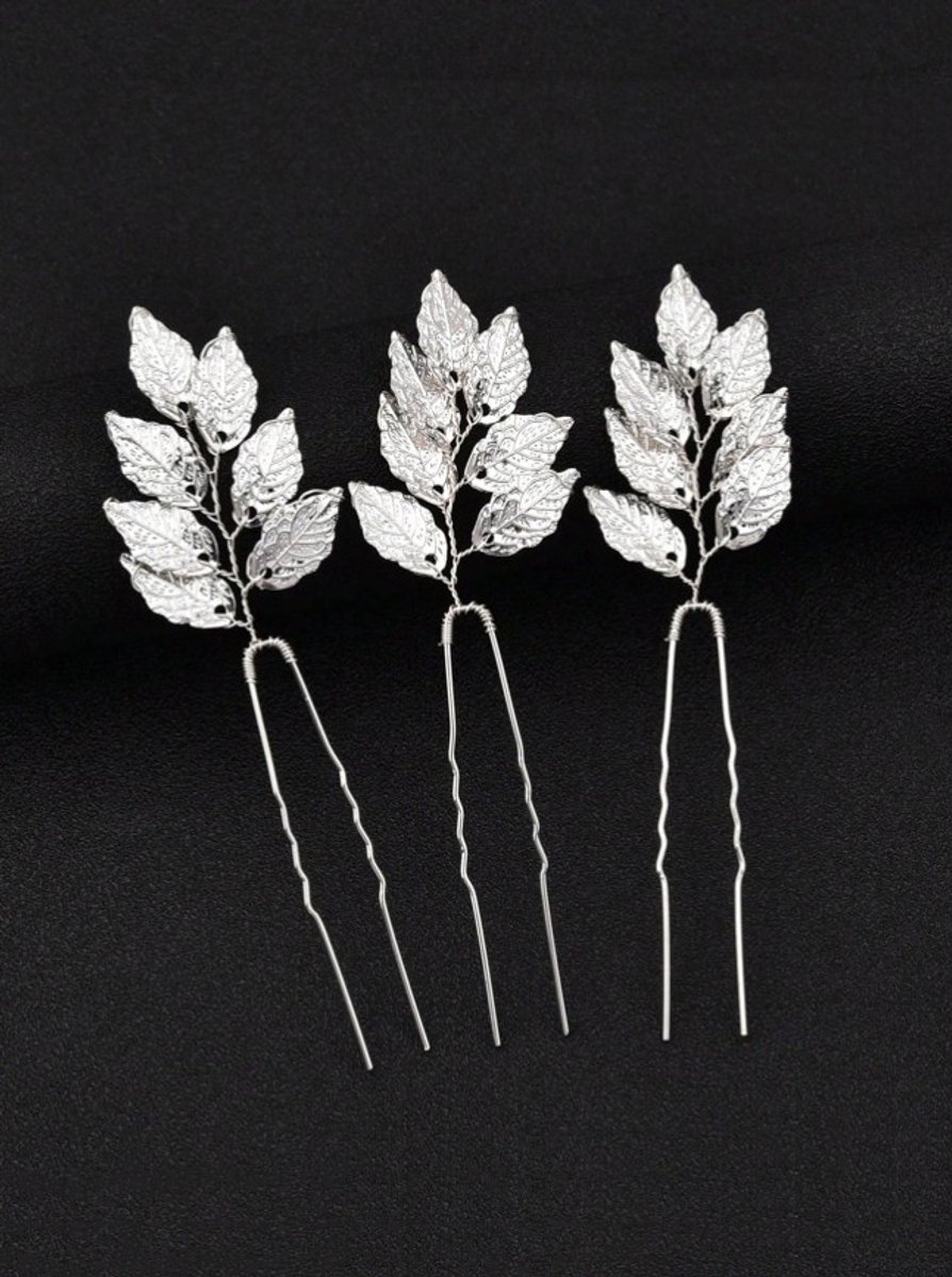 Haarsieraden - Set van 3 zilverkleurige haarpinnen met bladmotief