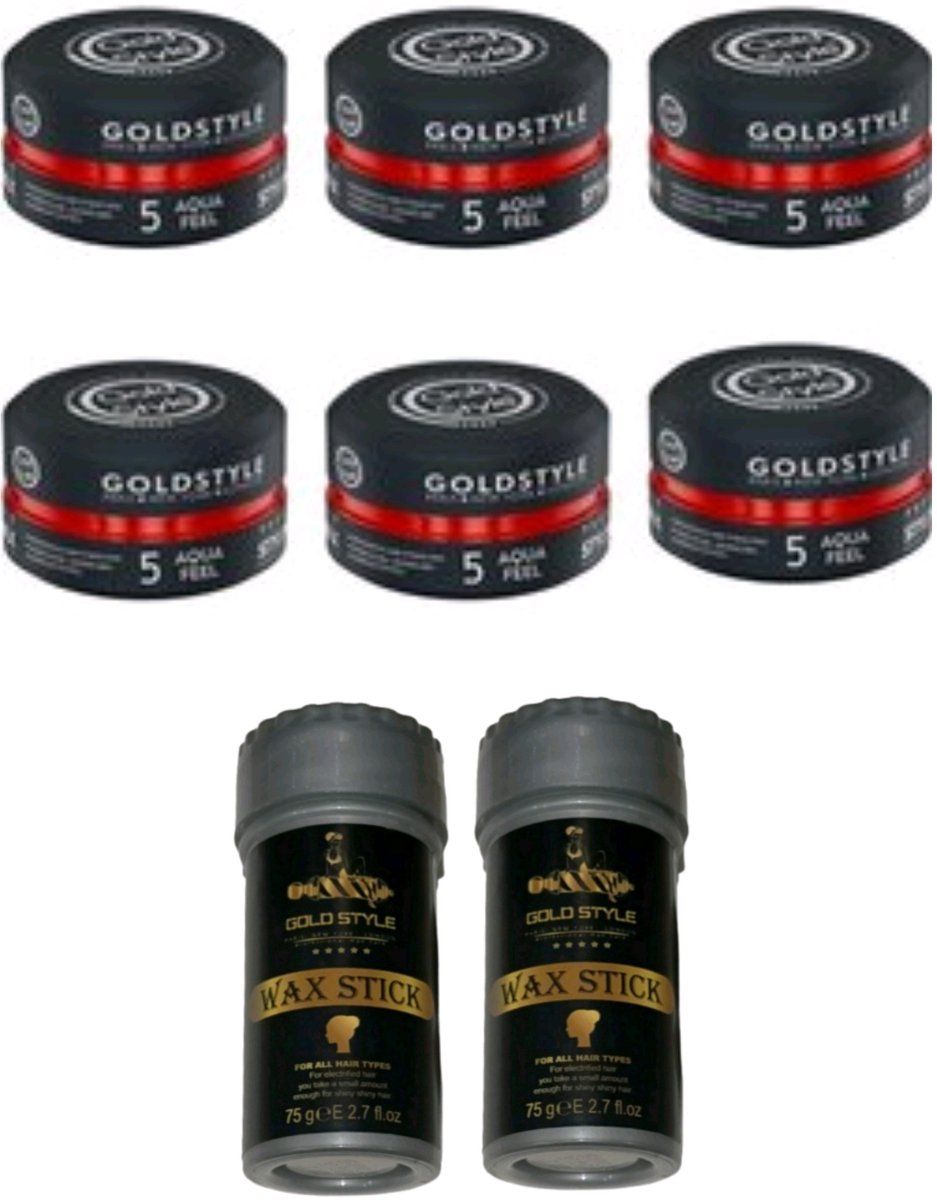 Gold Style Haar Wax Nummer 5 AQUA FEEL (6 Stuks) + 2 x 75 Gram Gold Style Wax stick - Haar wax Mannen - Styling Wax - Wax stick - haar stick