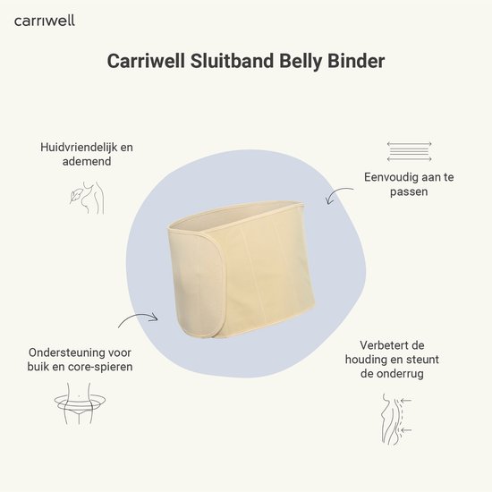 Carriwell buikband: huidvriendelijk, ademend, eenvoudig aan te passen, en biedt ondersteuning voor buik, core en onderrug.
