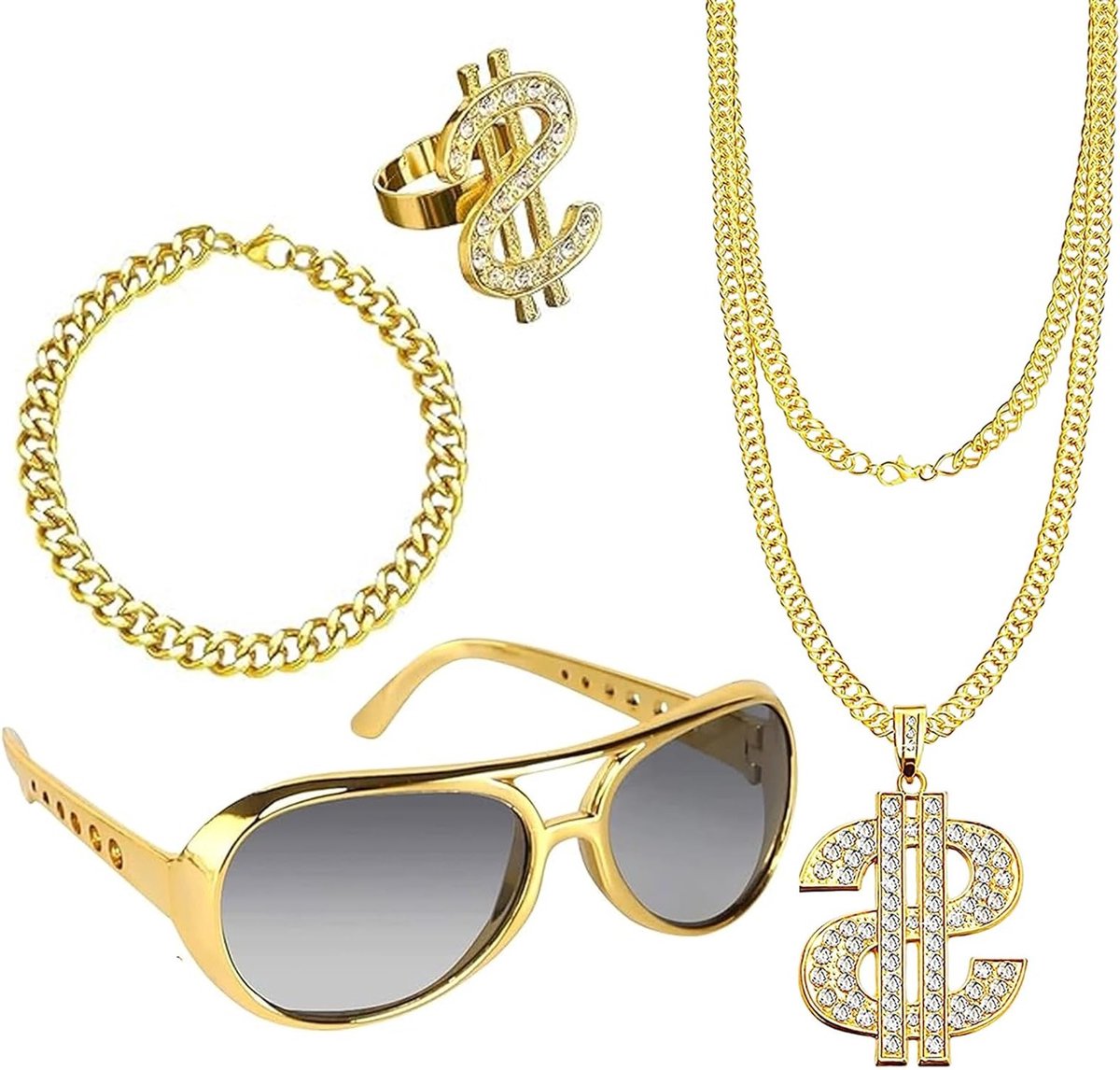 4-delige Dollar Ketting Set voor Kostuum, 80s en 90s Outfit, Hip Hop Kostuum, Gouden Ketting, Zonnebril en Gouden Dollar Hanger, Ring voor Carnaval en Themafeesten, Fotoprops, Groot