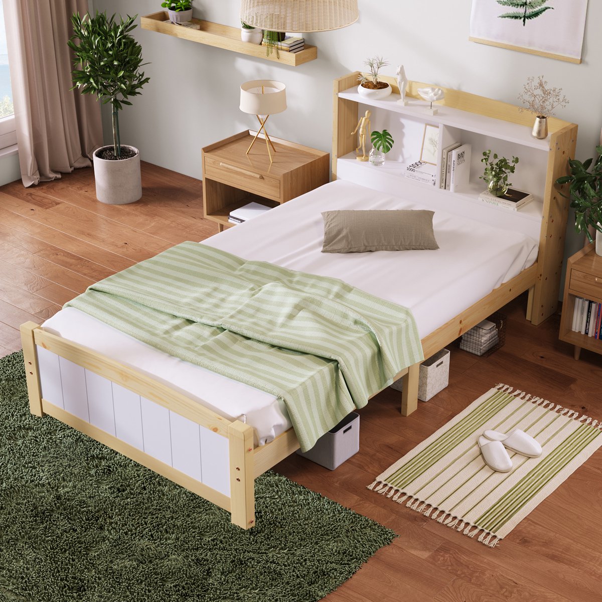 HAUSS SPOLE Eenpersoonsbed 90x200 cm - Massief Houten Bed Met Opberg Hoofdbord - Zonder Matras - Lattenbodem - Wit