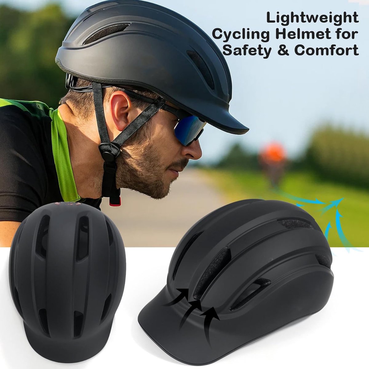 Fietshelm – Motorhelm – Fietshelm voor volwassenen – UV-bescherming – Verstelbaar – Hoofdomtrek 58–61 cm – Unisex – Geschikt voor mountainbiken en wielrennen – Zwart – foto 3