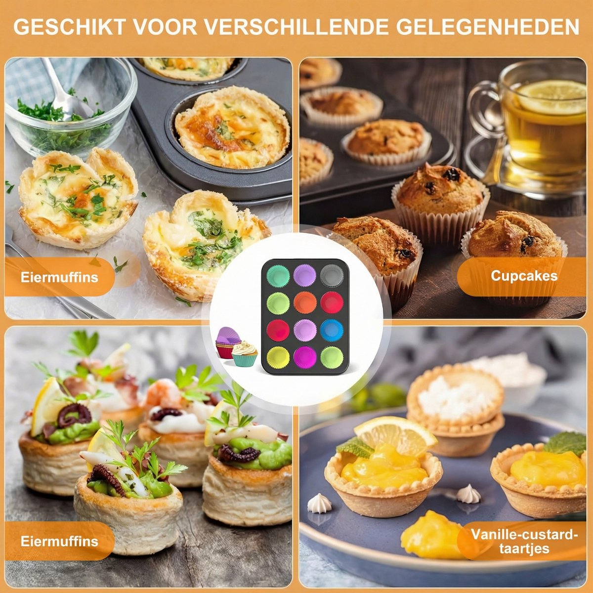 Bakplaat & Muffinvormen - 2x 12-Vaks Ronde Muffin Bakvorm Set|Anti-aanbak Koolstofstaal Bakplaat + 24 Siliconen Cups|Bakken & Dessertvorm – foto 4