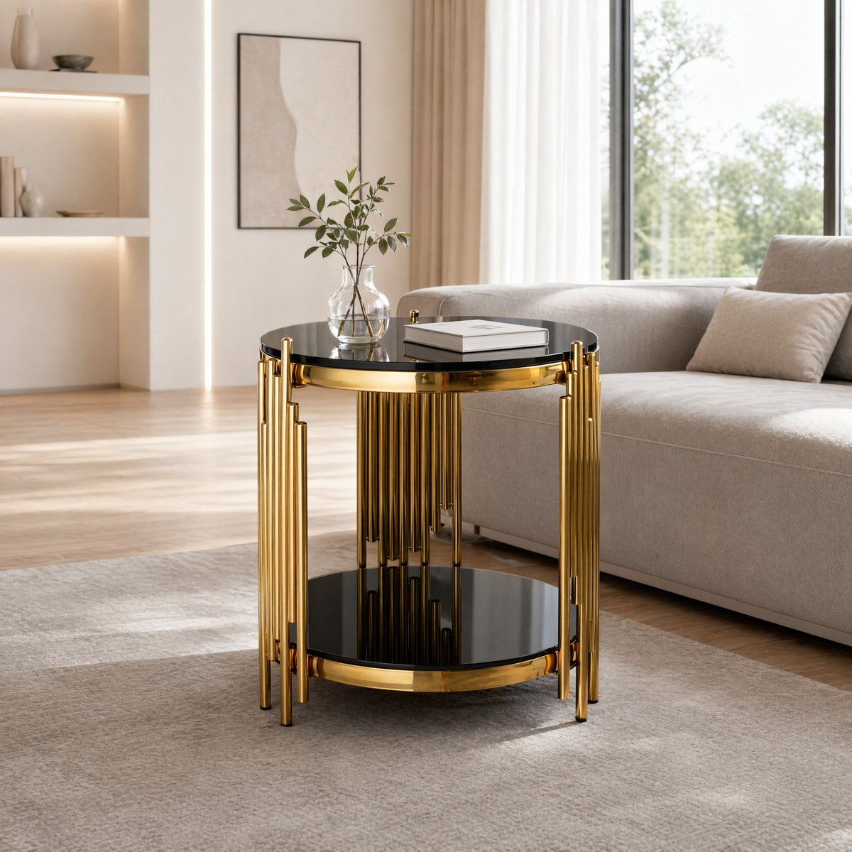 Ronde salontafel – 45 cm moderne bijzettafel (met gehard glas) – Zwart blad met goudkleurig roestvrijstalen frame – Geschikt voor woonkamer, balkon of slaapkamer