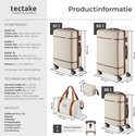 Afmetingen en technische details van de crème koffers en reistas, inclusief capaciteit.