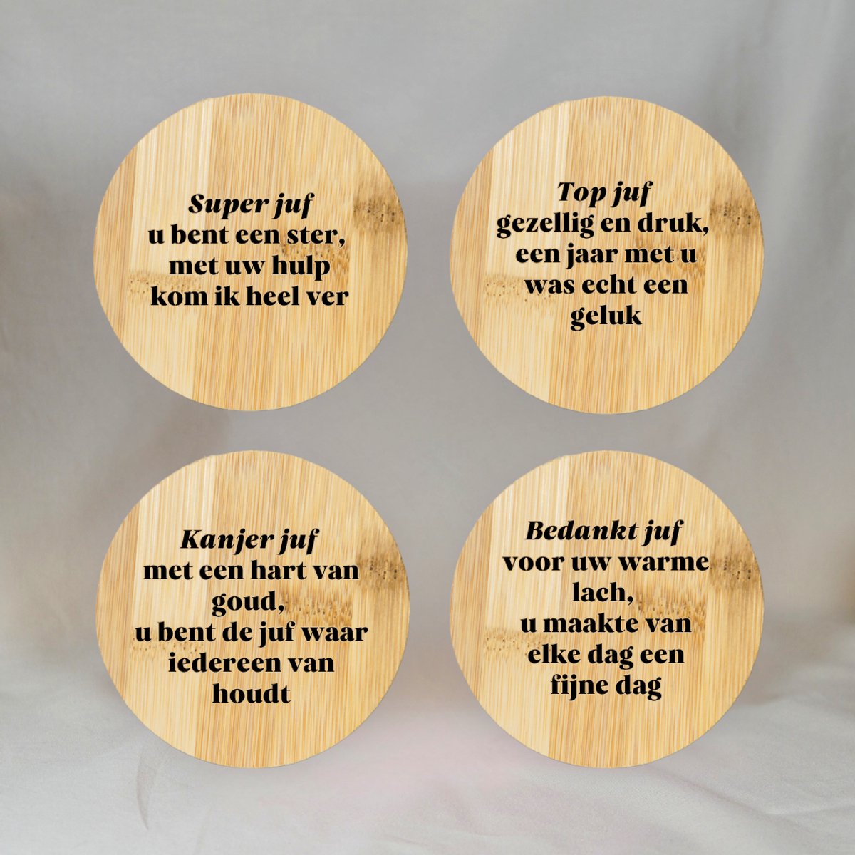 Juf Cadeau – Houten Onderzetters Set van 4 – Juf Bedankt Cadeau – Juf Cadeautjes Bedankt – Cadeau Juf Einde Schooljaar – Onderzetters Hout