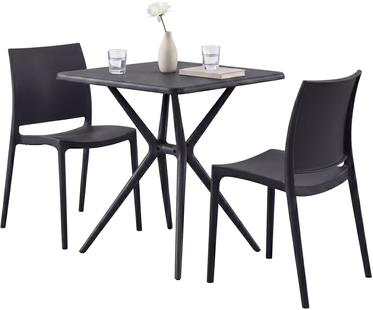 CLP Amino Tuinmeubelset - stapelbaar - 2 stoelen - tafel - weerbestendige - balkonset - voor tuin, balkon en terras - zwart