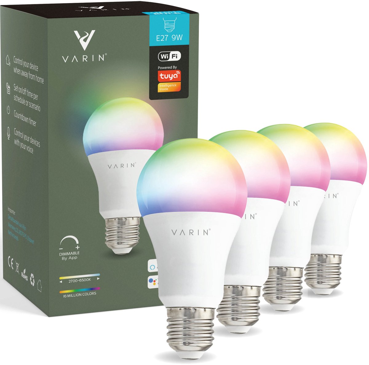 Varin® Smart Led Lamp E27 [3 stuks] - 9W - Wit en RGB licht - Bediening via app - Voice control - Slimme bulb verlichting - Smart Light - Google Home en Amazon Alexa - Tuya wifi - Nachtlamp - Lampen woonkamer, keuken, slaapkamer, hal, kinderkamer