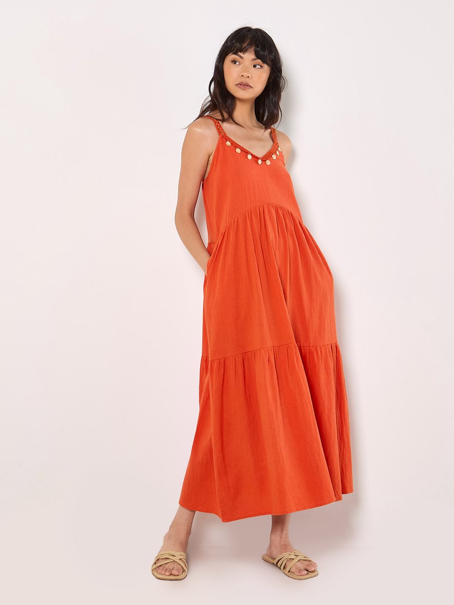 Bead Embellished Cotton Midaxi Dress
