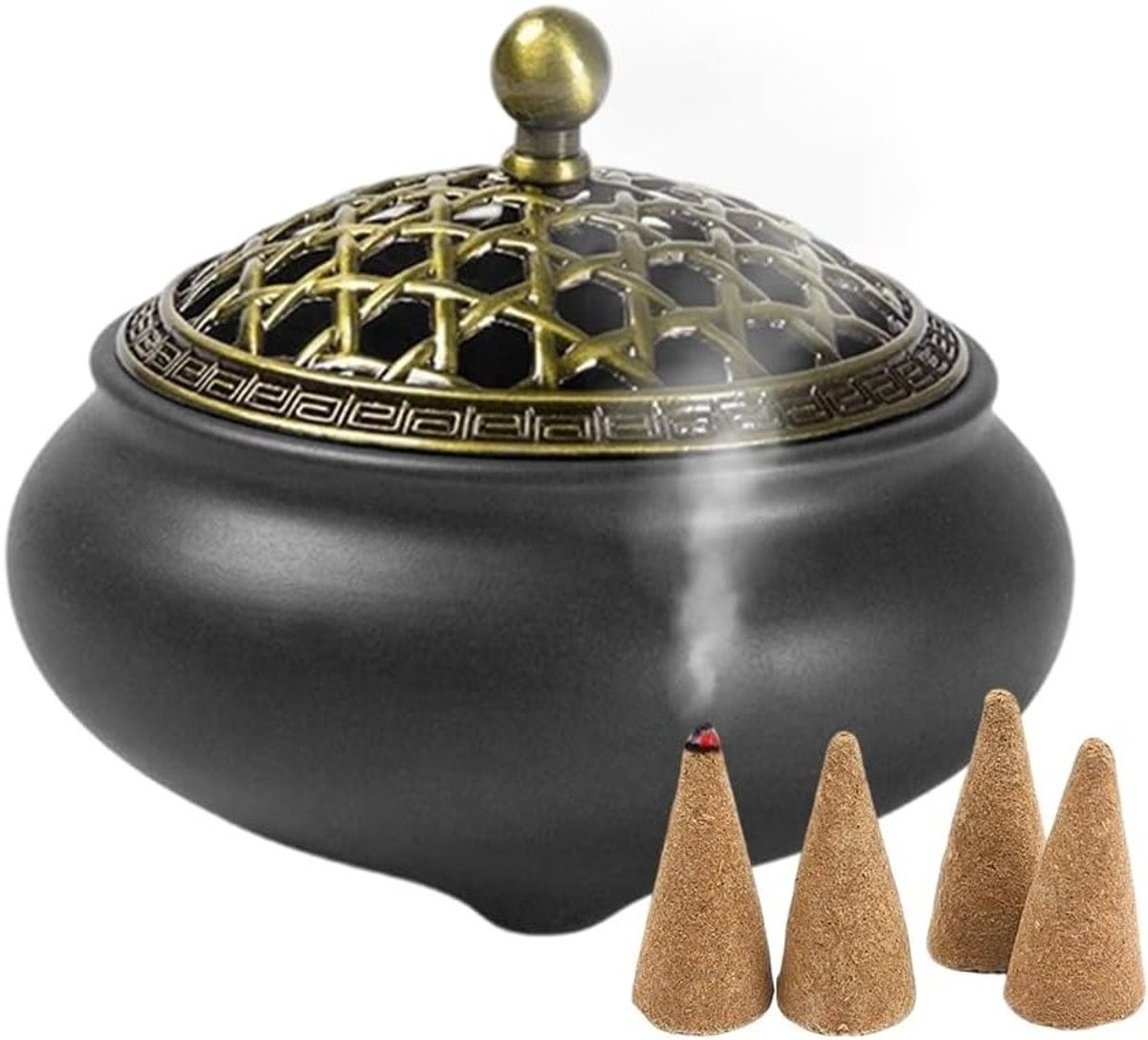 Vintage Keramische Wierookhouder met Metalen Deksel, Brandveilige Wierookstokhouder voor Sfeer, Meditatie en Ontspanning in Huis en Kantoor