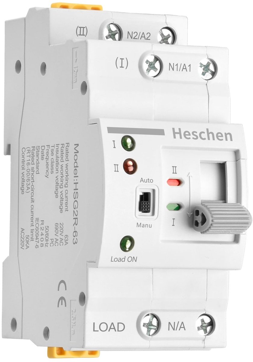 OmGoods - Dailygoody - Automatische overbrengingsschakelaar - 63 A - Ononderbroken stroomvoorziening - 2-polig - Stroomregeling - Geschikt voor DIN-railmontage .