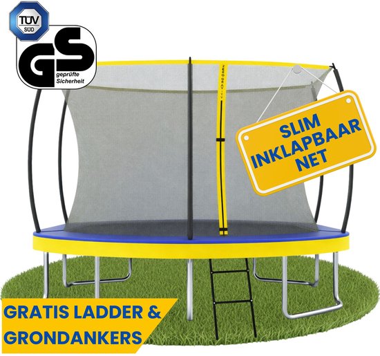 Rechthoekige trampoline met TÜV GS-keurmerk, slim inklapbaar net, gele ladder en grondankers.