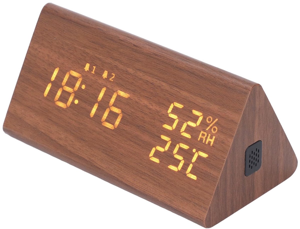 OmGoods - Dailygoody - Kleine Digitale Wekker - LED-display - Helderheidsdimmer - Bruin hout - USB-oplaadpoort - Geschikt voor slaapkamer - Compact formaat