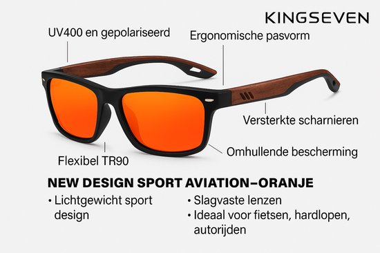 Zonnebril met zwart montuur, houten details, oranje glazen. UV400 en gepolariseerd.