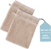 HUSH Living - Washand - 100% Katoen - Set van 2 - Zware Kwaliteit 500g/m2 - Stijlvol Boord en Ophanglus- 16x22cm - Zand