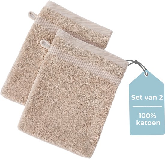 Ensemble de deux gants de toilette beiges 100% coton, avec une bordure à carreaux beige et blanc et une boucle de suspension.