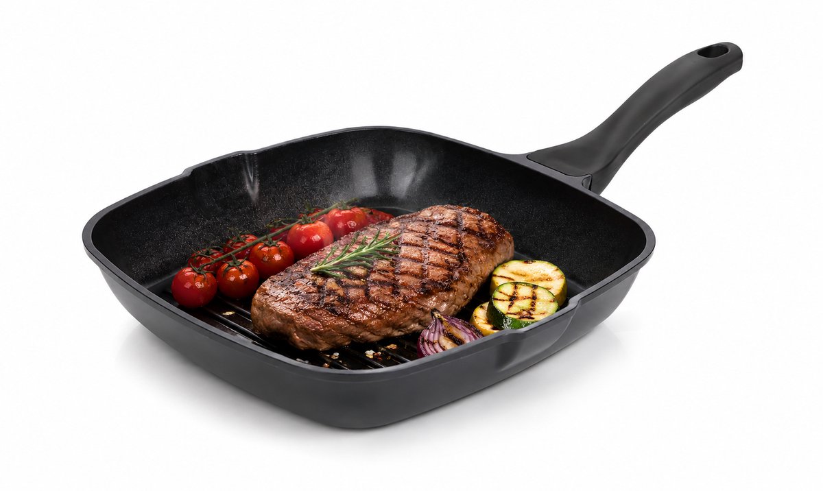 ReCook - Premium Grillpan - Ø 28 cm - Grill Pan Met Antiaanbaklaag - PFAS Vrij - Vleespan - Geschikt Voor Alle Warmtebronnen - Grilpan - Zwart