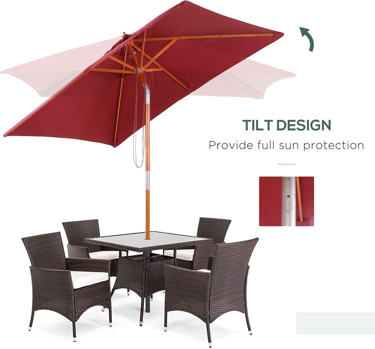 FloraGrace Balkonparasol – Verstelbare Kanteling – 200 x 150 x 235 cm – Hout En Polyester – Wijnrood – Voor Tuin En Terras