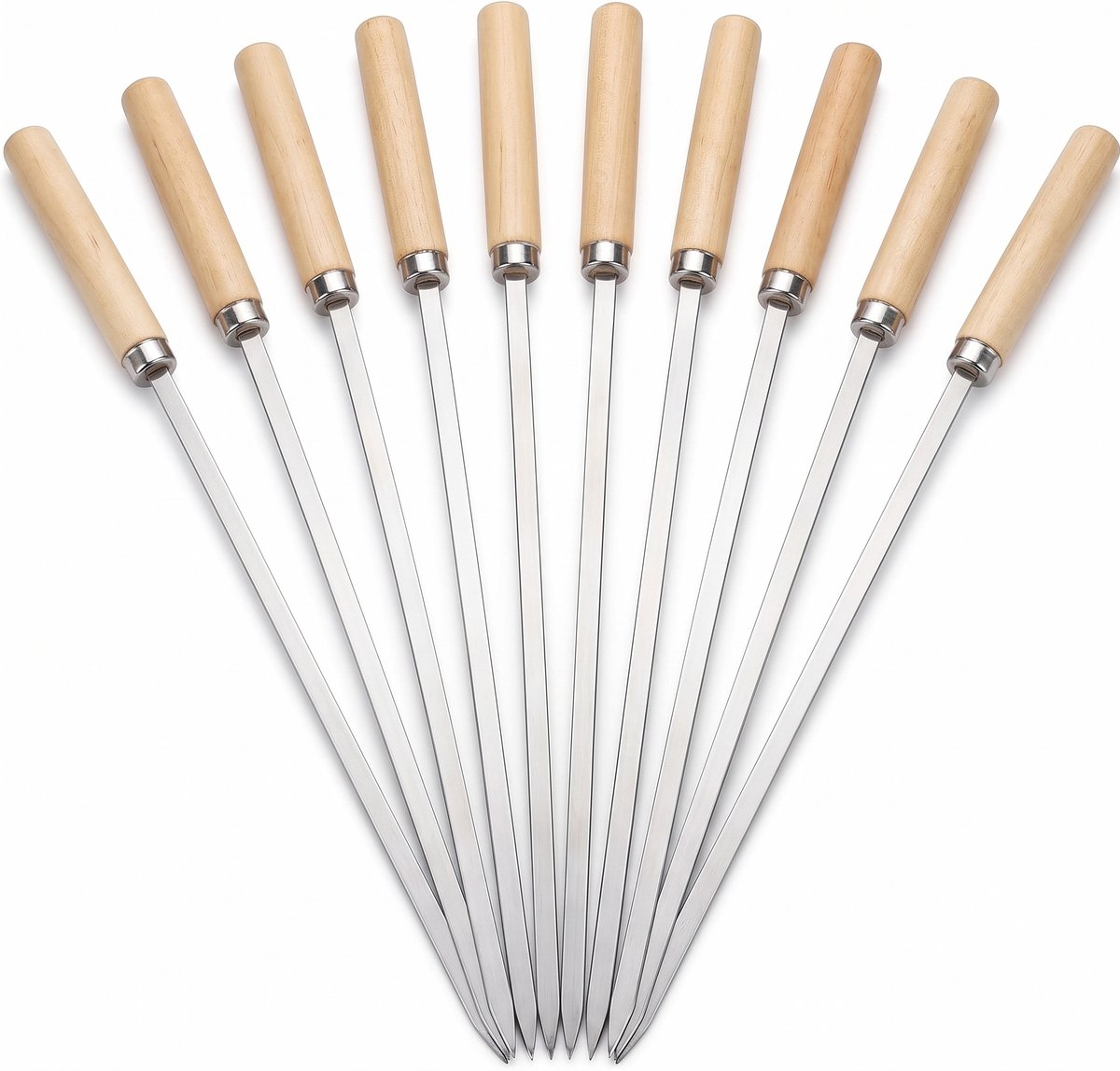 Barbecue Spiezen - 10 stuks - Houten Handvat - Luxe RVS Vleespennen 33.5cm - Plat - Kebab / Marshmallow Spiezen - BBQ Accesoires - Platte bbq Spiezen - IXEN