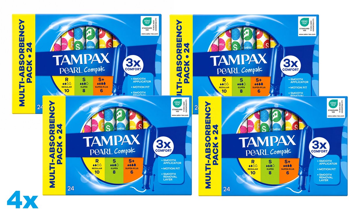 Tampax Pearl Compak Tampons Multipack – 4 x 24 Stuks – Regular, Super & Super Plus