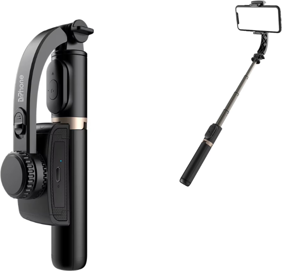 DrPhone Q08 Smartphone Gimbal – Bluetooth Stabilisator met Tripod - Selfiestick en 360° Rotatie - Zwart