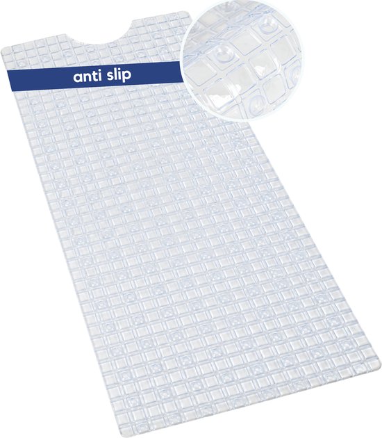 Transparante antislip douchemat met vierkant patroon en zuignappen.