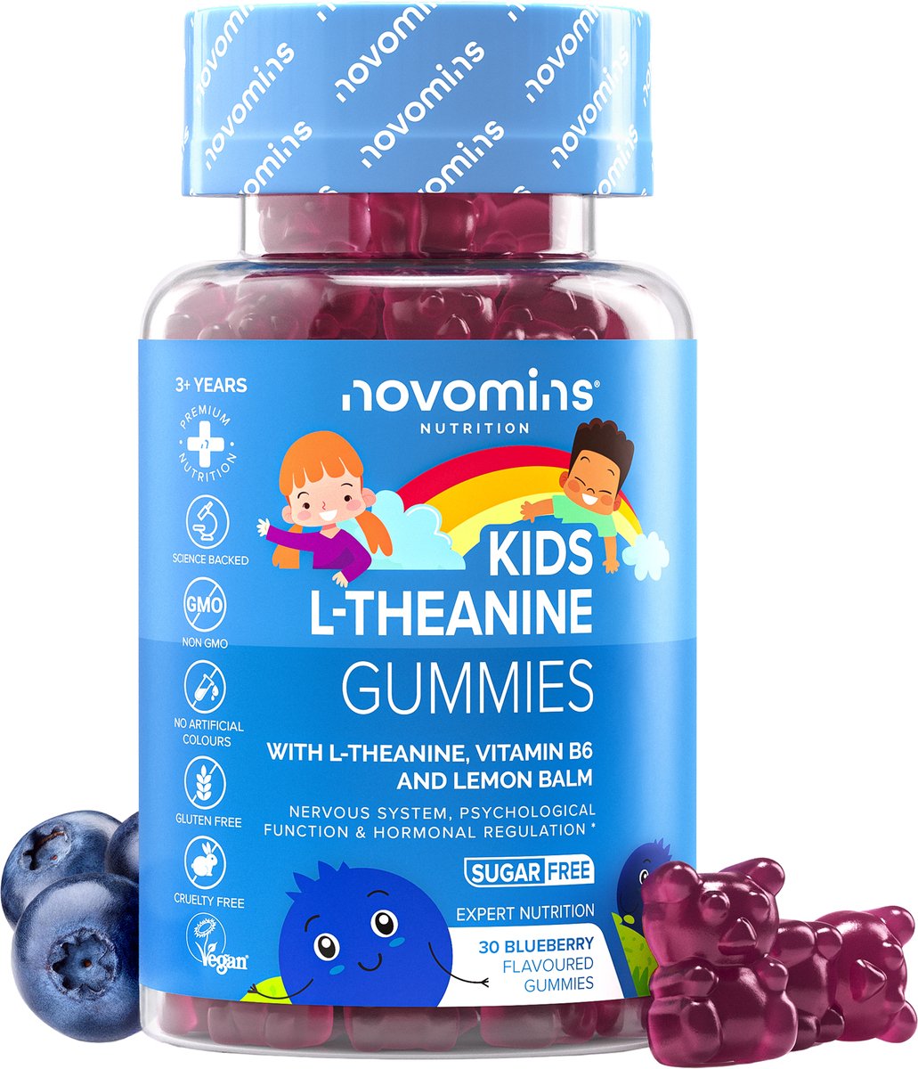 Kinder L-Theanine 50 mg, met Citroenmelisse, 30 Gummies, Vegan, Halal, Getest door Eurofins, Novomins