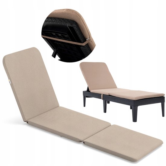 Collage d'un coussin de chaise longue beige et d'un lit de jardin noir avec coussins beiges.