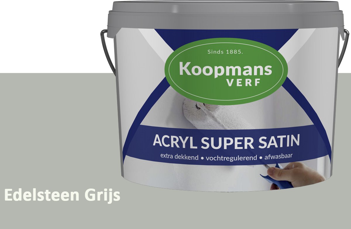 Koopmans Acryl Super Satin Zijdeglans Muurverf – Reinigbare Binnen- en Buitenverf voor Muren & Plafonds – Edelsteen Grijs – 10 l