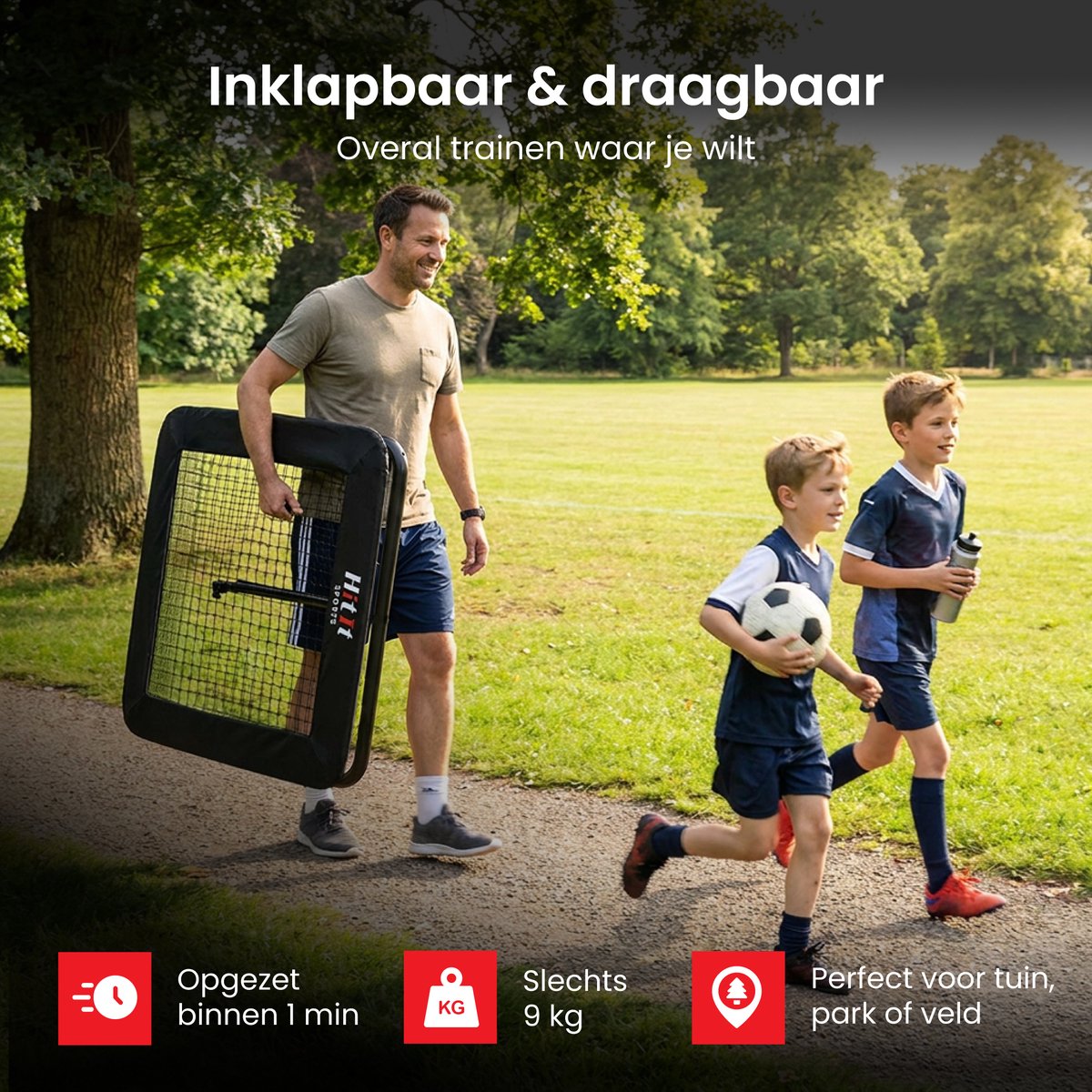 HitIt SPORTS® Rebounder Voetbal 100x100 cm – Sport Volleybal Korfbal Trampoline – Verstelbaar Trainingsmateriaal – Bouncer Inklapbaar – Voetbal spullen — afbeelding 5