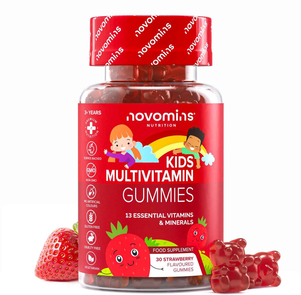 Kinder Multivitamine, 13 Essentiële Vitaminen, 30 Gummies, Vegetarisch, Halal, Getest door Eurofins, Novomins