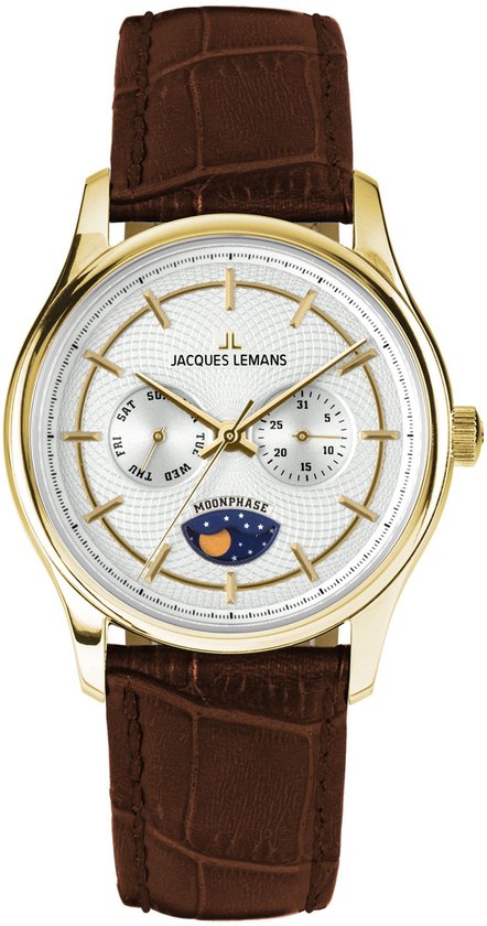 Gouden horloge met witte wijzerplaat, bruine krokodillenleren band en maanfase-indicator.