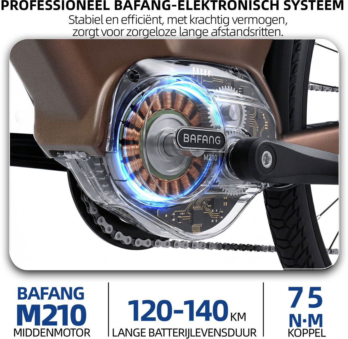 Elektrische Stadsfiets TTGO C7 SE - 28 INCH Banden - 250W Bafang Middenmotor - 36V18Ah Accu - Bereik tot 140km - Shimano 9 Versnellingen - Bruin thumbnail 3