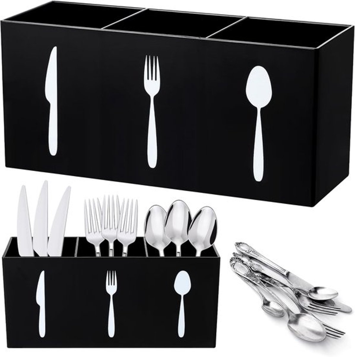 REWYTAZ-Acryl bestek organizer bestekhouder Aanrechtmes Lepel en vorkrek Keuken 3-delige bestek opbergdoos Geschikt voor kasten Binnen Thuis Tafelgerei Restaurant (zwart)